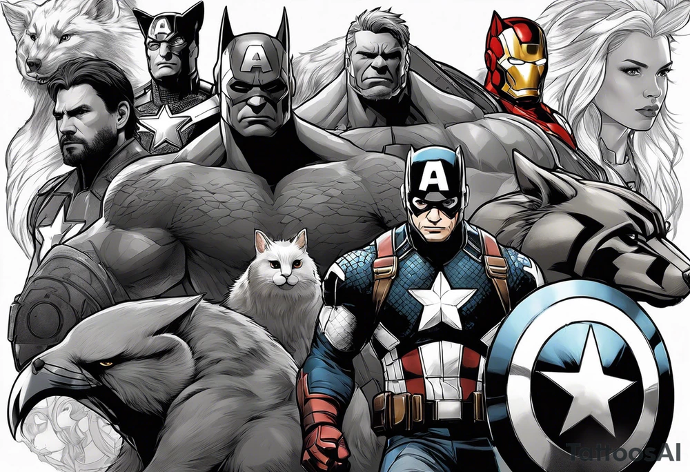 I want to change Avengers Team characters with animals. Hulk will be Badger, Thor will be Alpha Grey Wolf, Captain America will be Bull, Iron Man will be Canary, Black Widow will be Axolotl, Hawk Eye will be Sudan Plated Lizard and Nick Fury will be Cat. tattoo idea