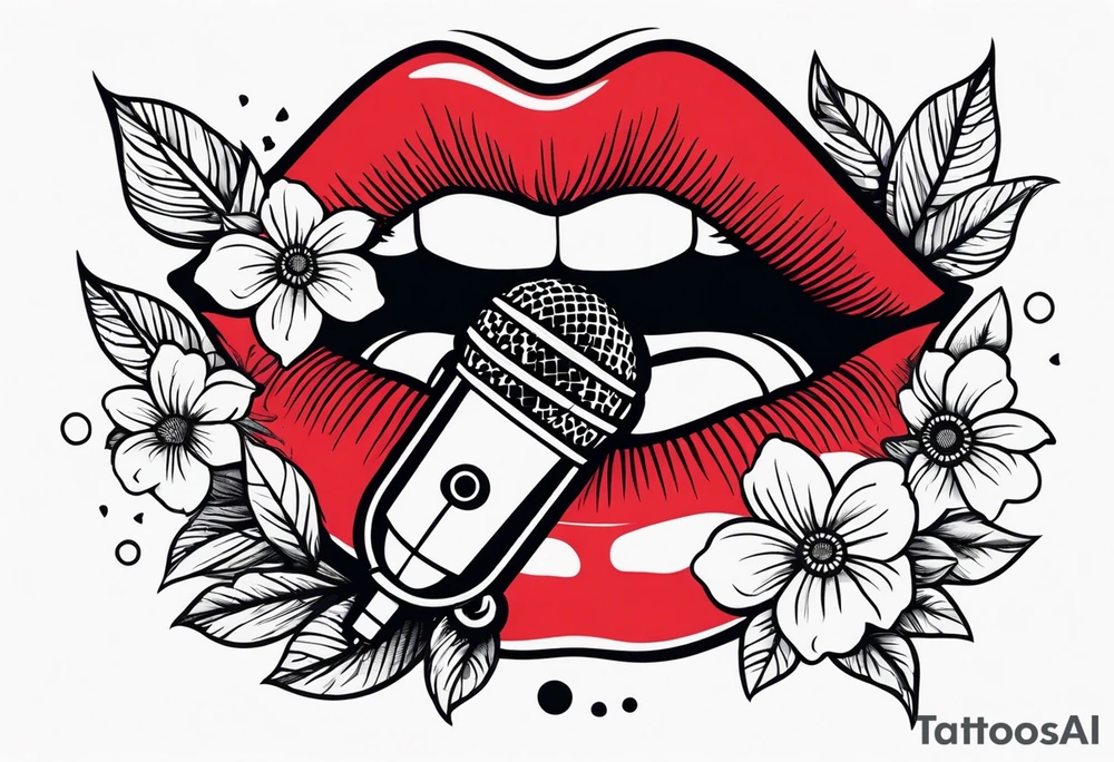 lips singing old school vintage traditional
flowers around and mouth next to microphone
bold and colorful simple design dots and simple flowers sketch tattoo idea