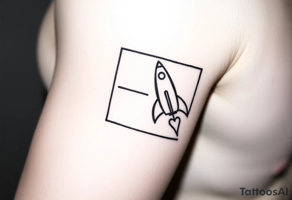 Rocket ship with a twinkling star, inside a black rectangle, shooting out of the rectangle tattoo idea