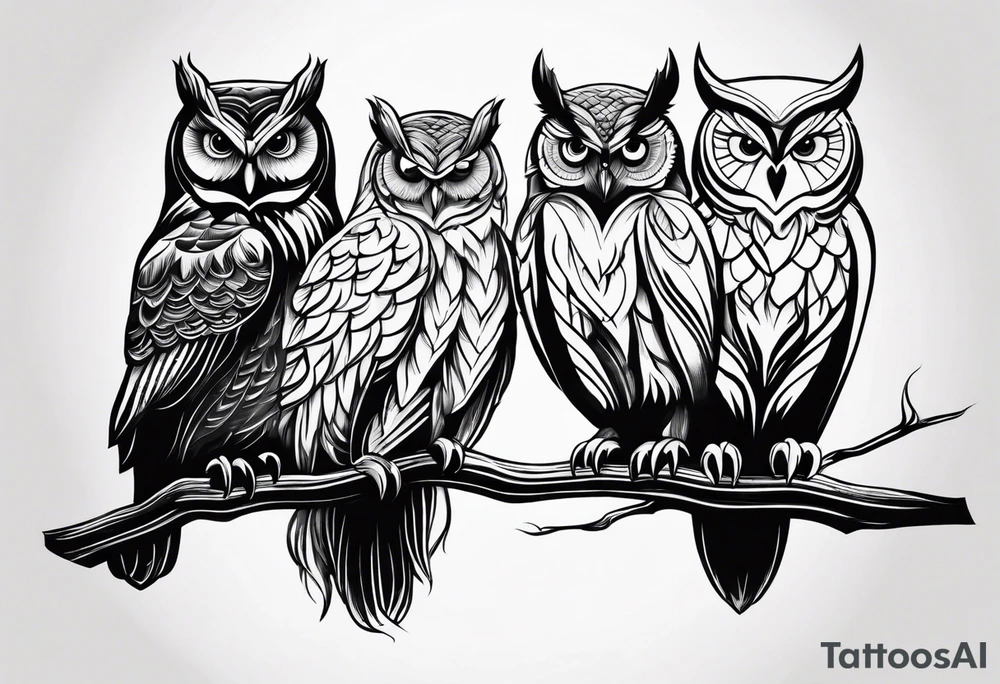 Three owl silhouettes overlapping with branch tattoo idea