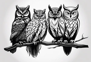 Three owl silhouettes overlapping with branch tattoo idea