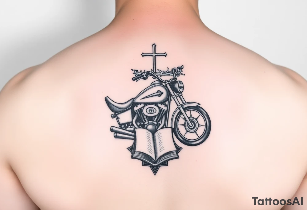 The words Jesus Fine. A Harley motorcycle a crown of thorns and a bible tattoo idea