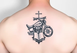 The words Jesus Fine. A Harley motorcycle a crown of thorns and a bible tattoo idea