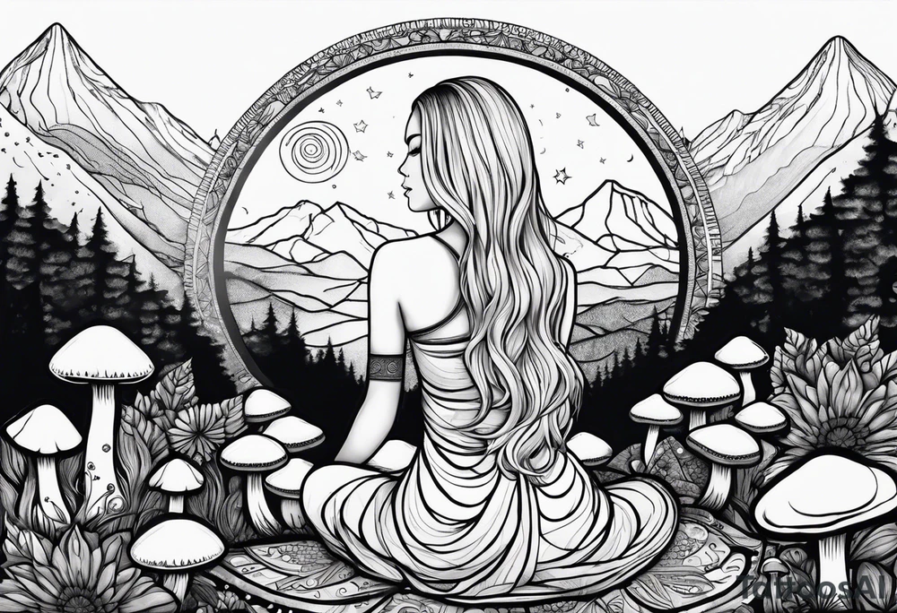 Straight blonde hair girl meditating facing away toward mountains surrounded by mushrooms crescent moon mandala circular design black and white striped dress tattoo idea