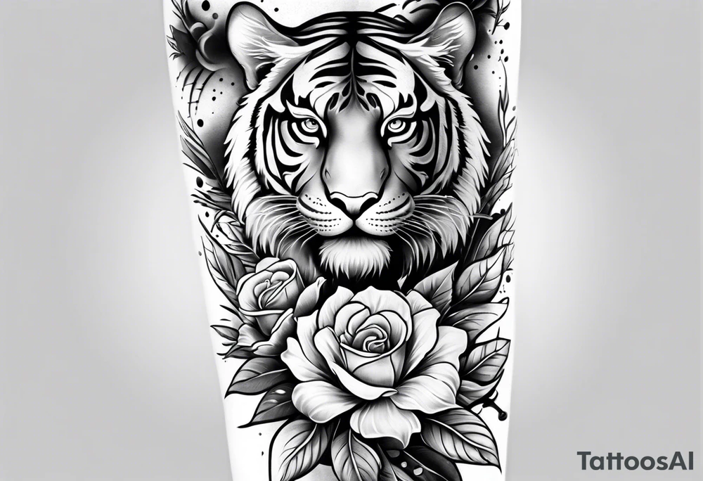 Full arm sleeve with compass and tiger roses tattoo idea Full arm sleeve with compass and tiger roses tattoo idea