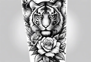 Full arm sleeve with compass and tiger roses tattoo idea