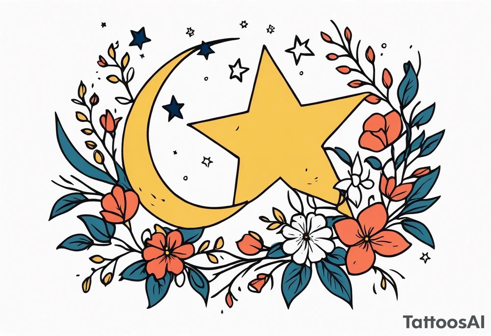 stars and moon

old school vintage simple traditional design with vintage flowers surrounding
bold color simple tattoo idea