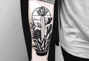 Forearm sleeve with cactus and greenery tattoo idea