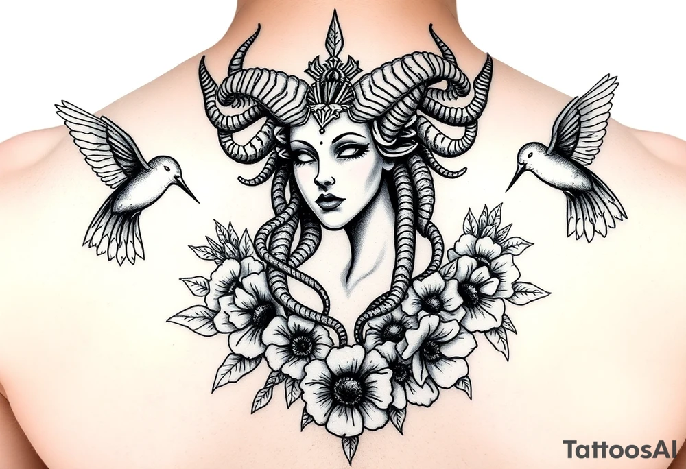 feminine medusa surrounded by hummingbirds and flowers tattoo idea