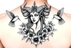 feminine medusa surrounded by hummingbirds and flowers tattoo idea