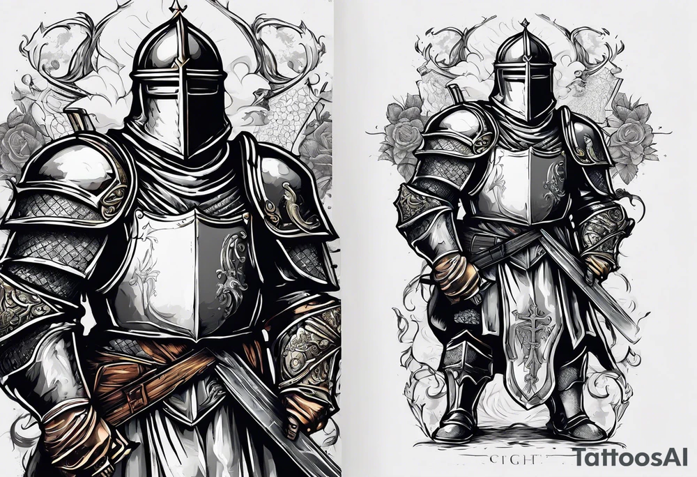 knight holding a bible over his head in combat with both hands tattoo idea