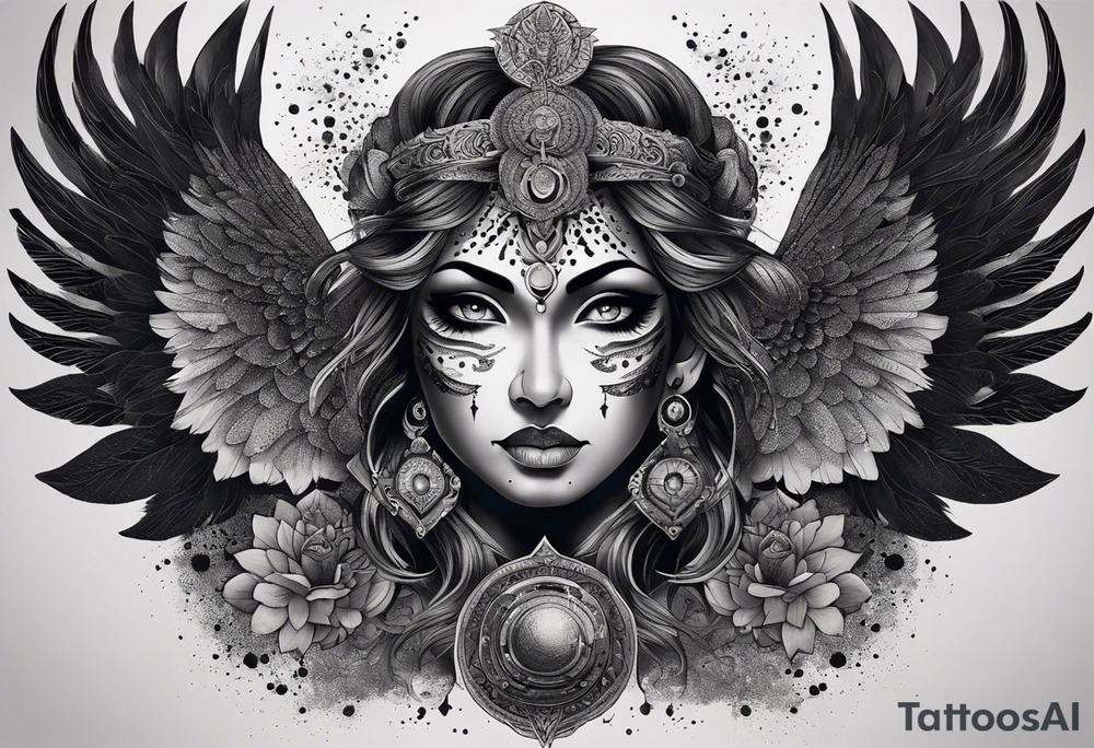 black kali, goddess pirate, alien, angel, pachamama, valkrye, warrior, flying, skull, lotus azul, wing, eagle, zenza resonance, stars, 5D, anahata chakra, death, durga, riding on a tiger, flying lady, kundalini, chest tatoo, samuri, rebel,serpent tattoo idea