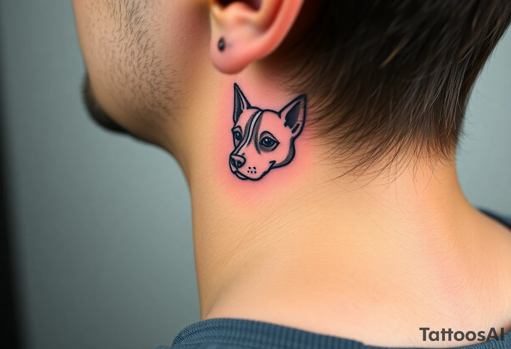 One line tattoo of dog with white strip going up dog’s snout slightly off centered. With young slightly out tattoo idea