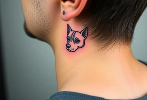 One line tattoo of dog with white strip going up dog’s snout slightly off centered. With young slightly out tattoo idea