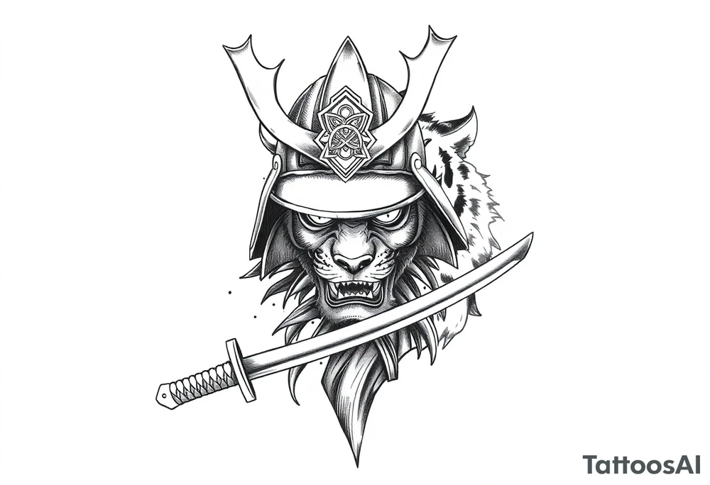 Samurai helmet resting on a katana blade, fierce tiger emerging behind it, traditional Japanese tattoo design, blackwork with soft grey shading, intense energy, bold line art, framed composition for forearm tattoo with full sleeve in mind, sketch ink style, minimal background, ration 2:3 vertical tattoo idea