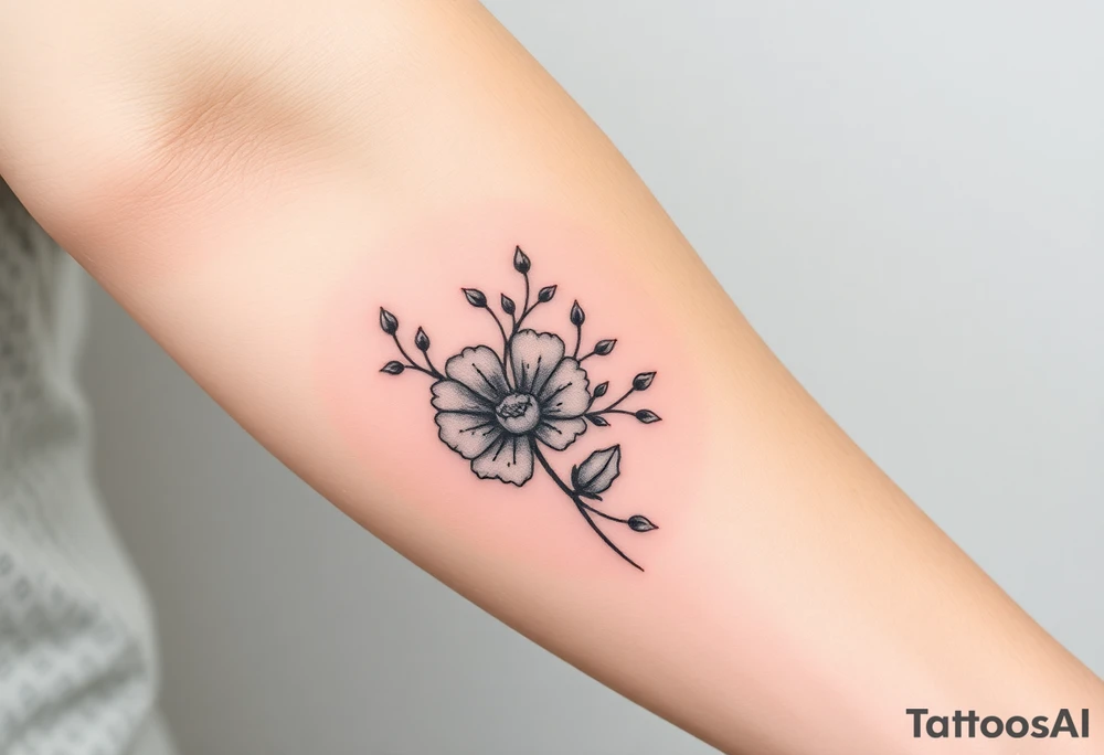 Feminine, romantic, dot work, wispy, flowers, eucalyptus tattoo idea