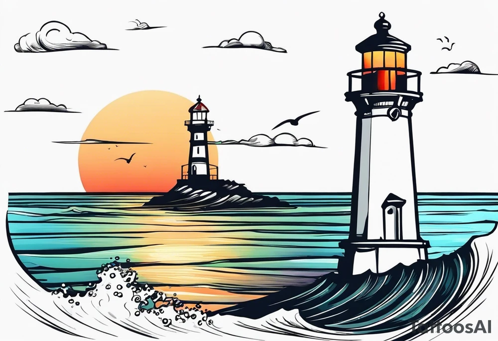 Farol no oceano em mar agitado bem delicado colorido tattoo idea