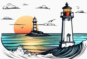 Farol no oceano em mar agitado bem delicado colorido tattoo idea