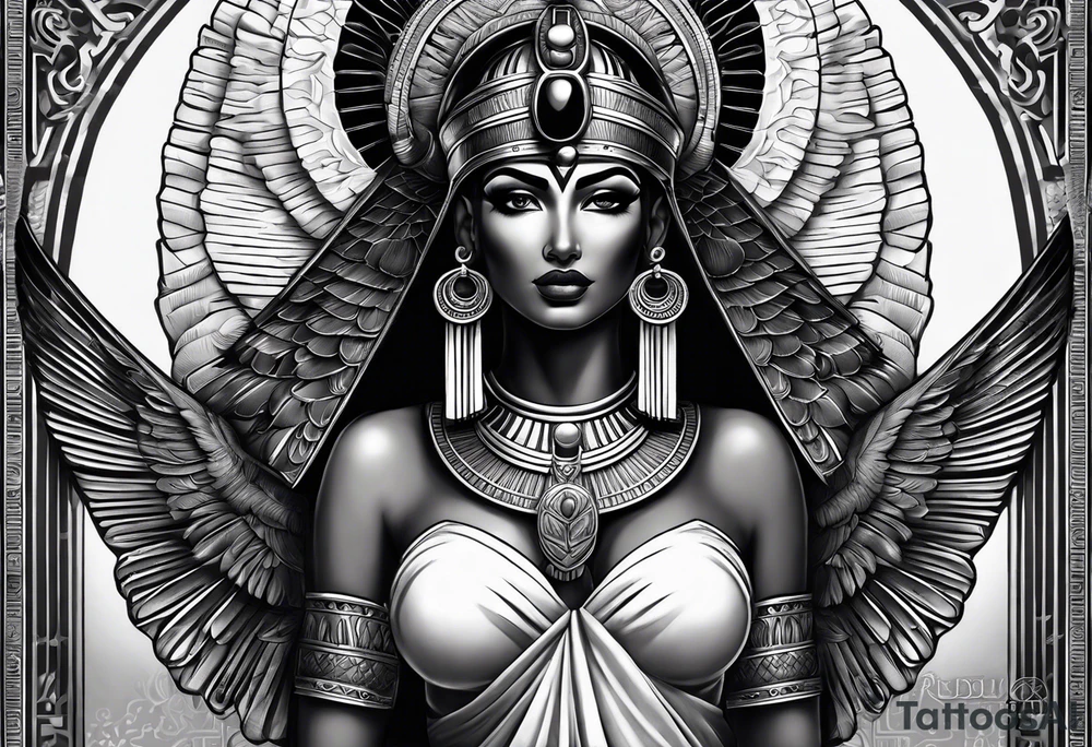 black and gray photo realistic goddess isis with minimal detail tattoo idea
