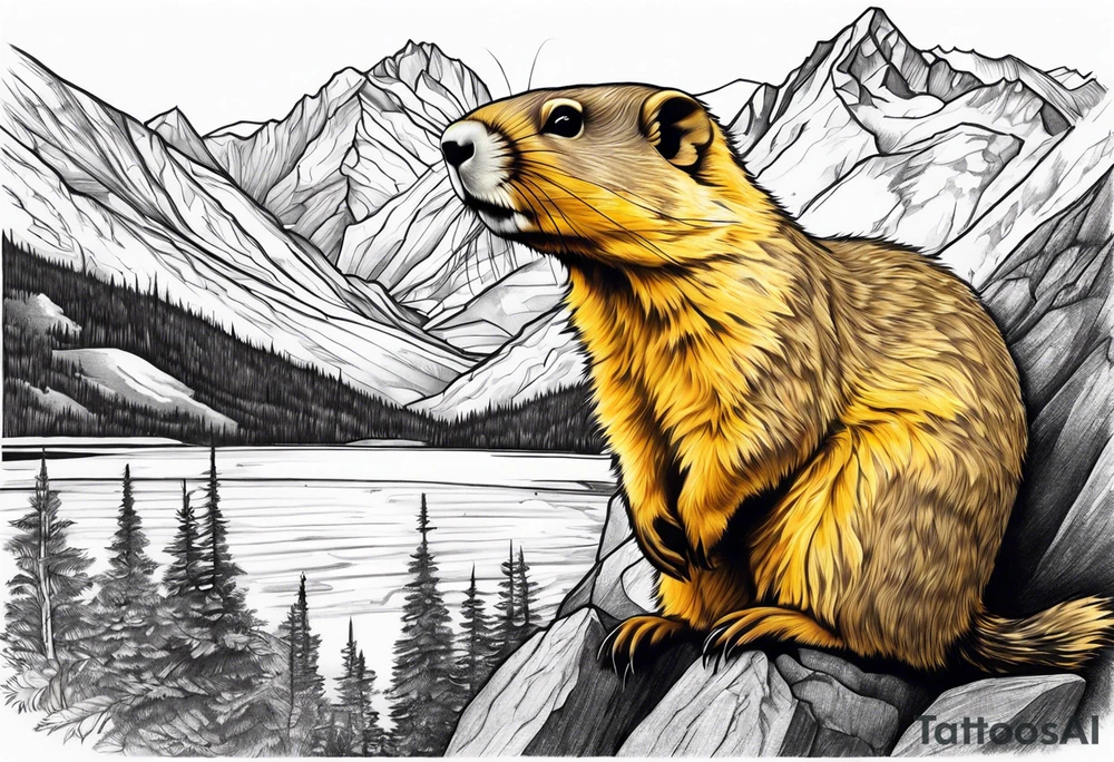 yellow bellied marmot with mountain in the background tattoo idea