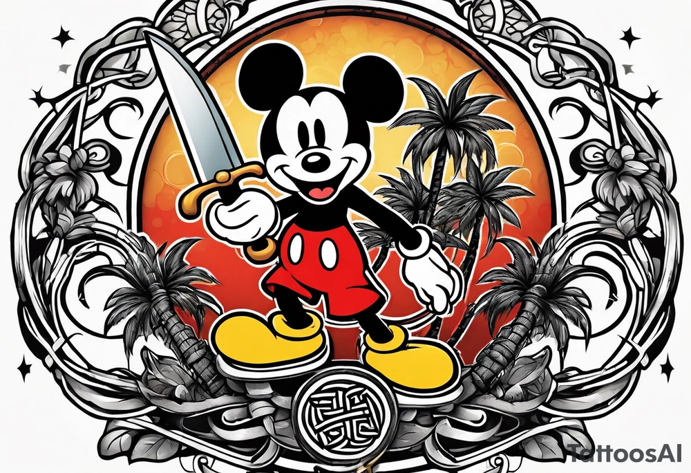 mickey mouse holding a knife in one hand and a stick in the other hand with palm trees and the celtic symbol for family tattoo idea