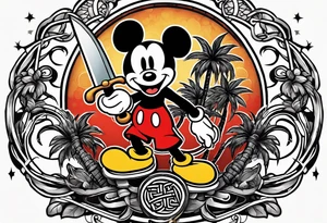 mickey mouse holding a knife in one hand and a stick in the other hand with palm trees and the celtic symbol for family tattoo idea
