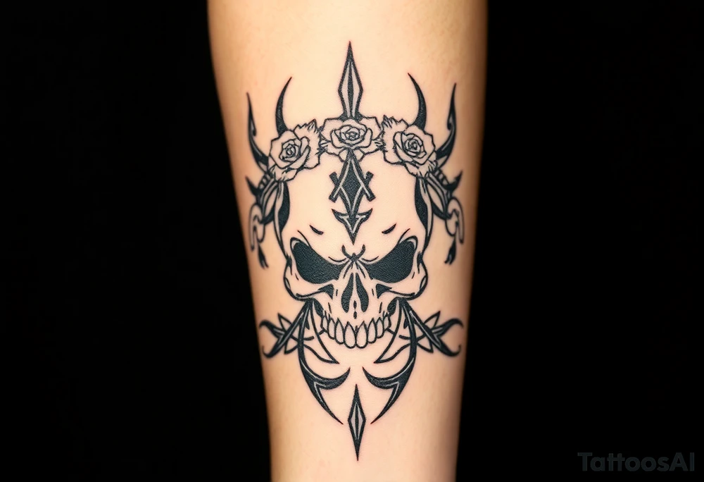 ornate skull adorned with crown of wild roses and thorns tattoo idea