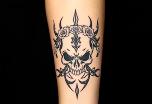 ornate skull adorned with crown of wild roses and thorns tattoo idea