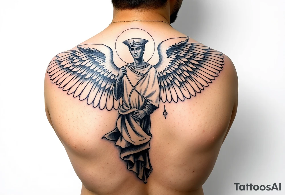full arm sleeve tattoo of saint michael. Include usa flag and army stuff. tattoo idea