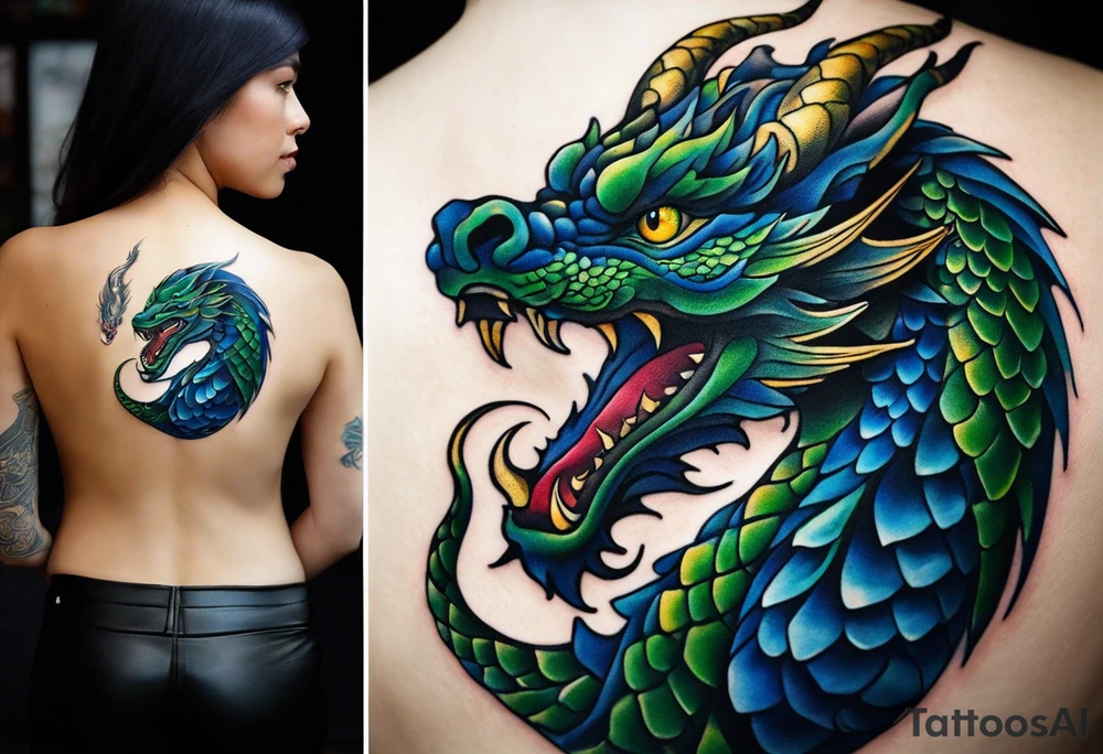 Micro realist Tattoo: An epic with no wings floating. Its body coiling dynamically, with scales and horns detailed to create a sense of movement and strength. The dragon's main color is dark blue but features accents in green, blue, and gold, giving a vibrant depth and a mystical aura. This tattoo highlights the dragon’s fierce expression and sharp claws as it wraps protectively around the leg. Style: Micro-realism tattoo idea