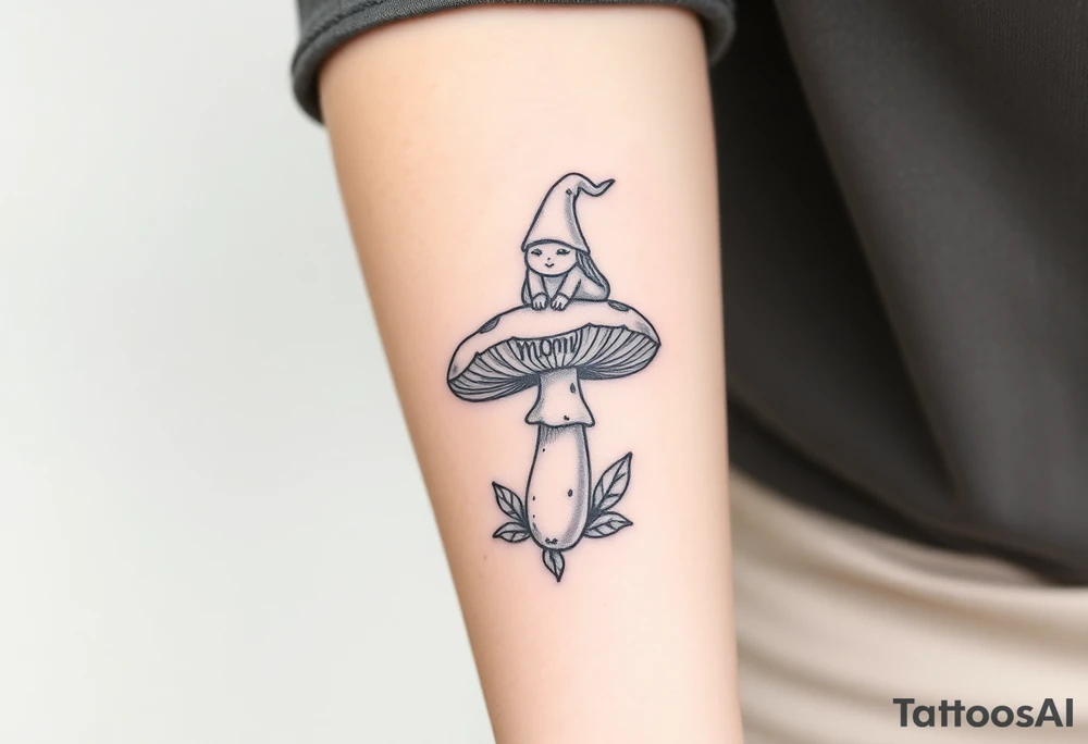 Mushroom with word mom on it with gnome sitting on top tattoo idea