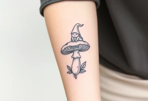 Mushroom with word mom on it with gnome sitting on top tattoo idea
