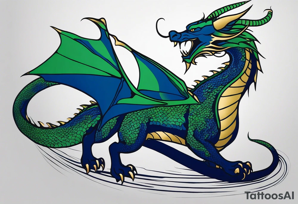 Minimalist Tattoo: An epic with no wings, floating. Its long body coiling dynamically, with scales and horns detailed to create a sense of movement and strength. The dragon's main color is midnight blue but features little accents in green, blue, and gold, giving a vibrant depth and a mystical aura. This tattoo highlights the dragon’s fierce expression and sharp claws as it wraps protectively around the leg. Style: Minimalist tattoo idea