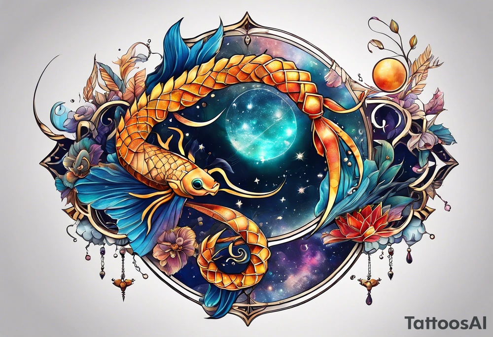 constellation du zodiaque avec poisson balance et scorpion superposée de couleur différentes tattoo idea