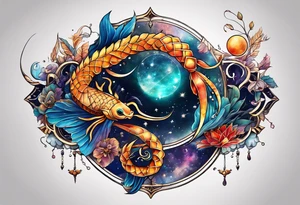 constellation du zodiaque avec poisson balance et scorpion superposée de couleur différentes tattoo idea