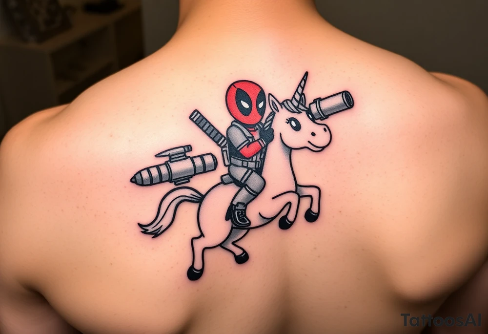 Deadpool riding cartoon unicorn holding rocket propelled grenade launcher tattoo idea