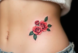 Tiny cluster of three red roses, tightly grouped with dark green leaves, drawn in a micro-realistic style. tattoo idea