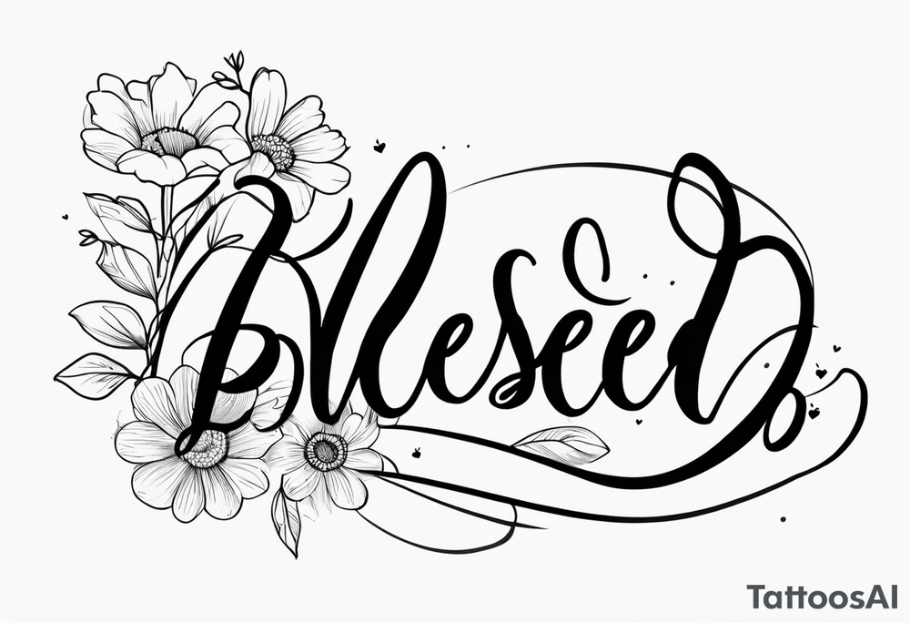 fine line tattoo that says “blessed” in cursive with a bouquet of flowers coming out the end of the word tattoo idea