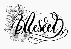 fine line tattoo that says “blessed” in cursive with a bouquet of flowers coming out the end of the word tattoo idea