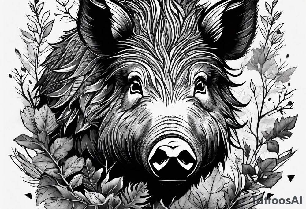 angry wild boar emerging from a tree
lots of foliage
on the wrist tattoo idea