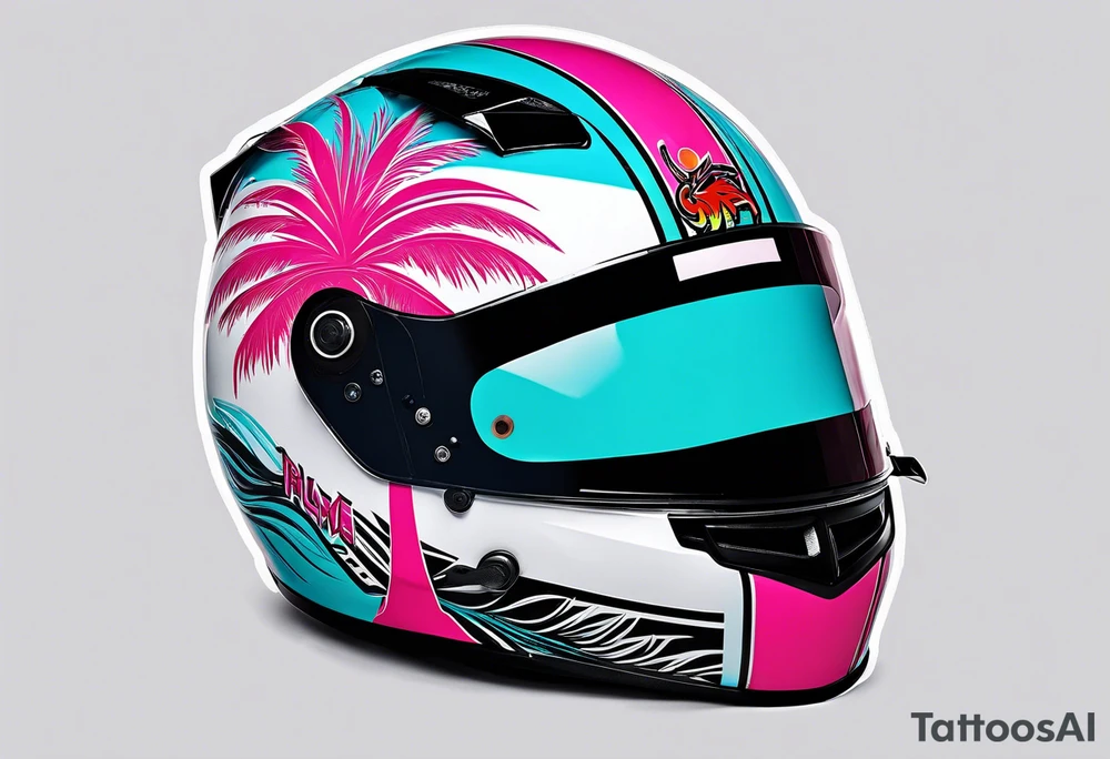 Formula 1 helment with the Miami name a palm tree and light blue black and pink colors 3/4 view tattoo idea