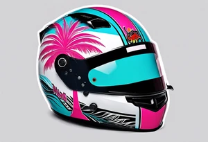Formula 1 helment with the Miami name a palm tree and light blue black and pink colors 3/4 view tattoo idea