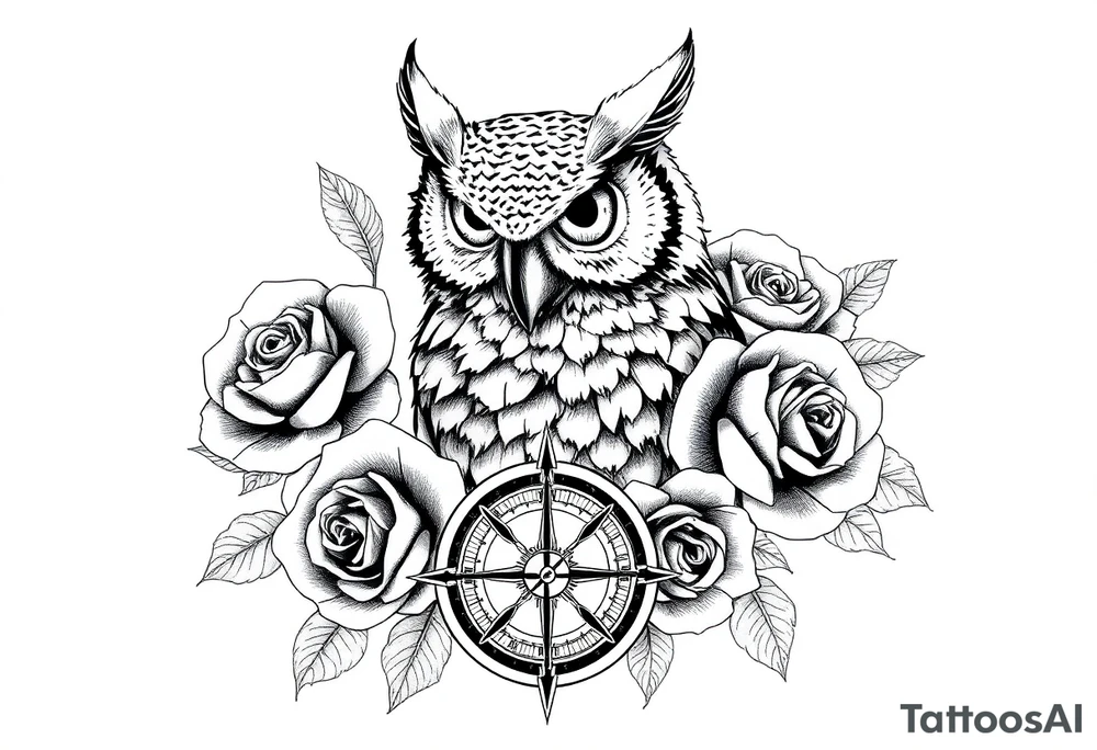 an owl,roses,compass. tattoo idea