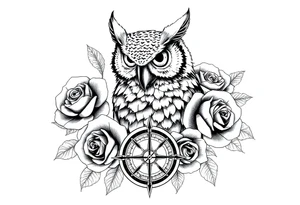 an owl,roses,compass. tattoo idea
