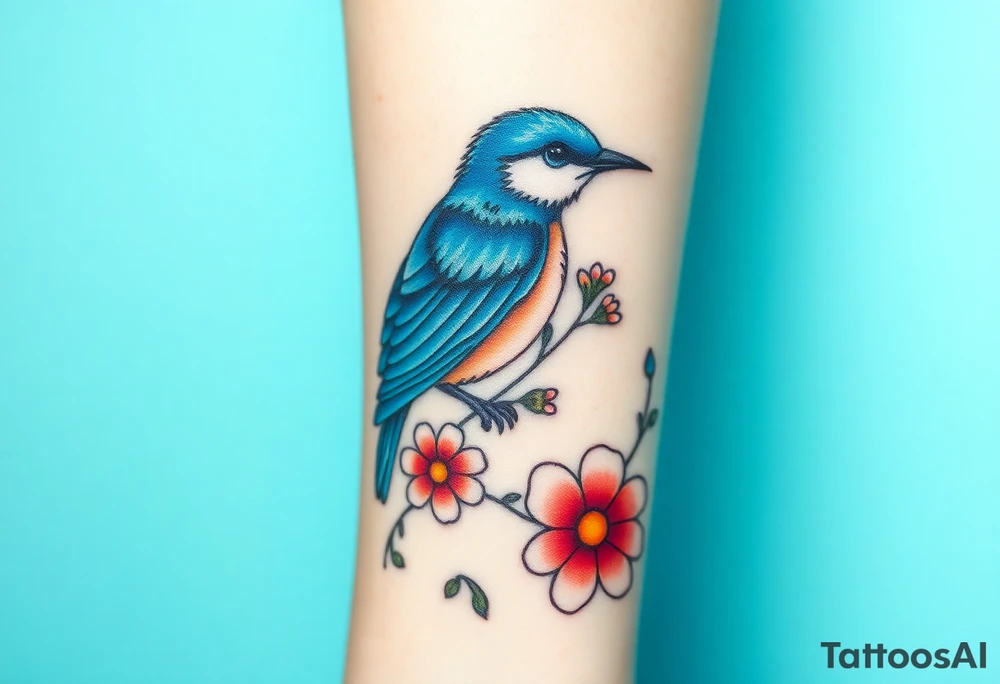 powerful majestic bluebird surrounded by wild flowers tattoo idea