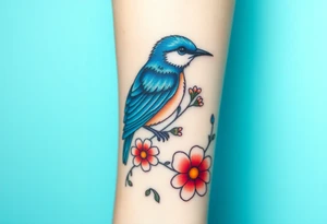 powerful majestic bluebird surrounded by wild flowers tattoo idea