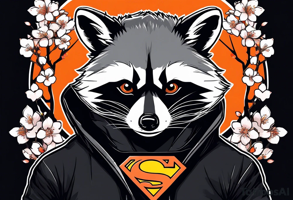 Raccoon wearing a white Superman logo on a black hoodie and orange Japanese cherry blossoms tattoo idea