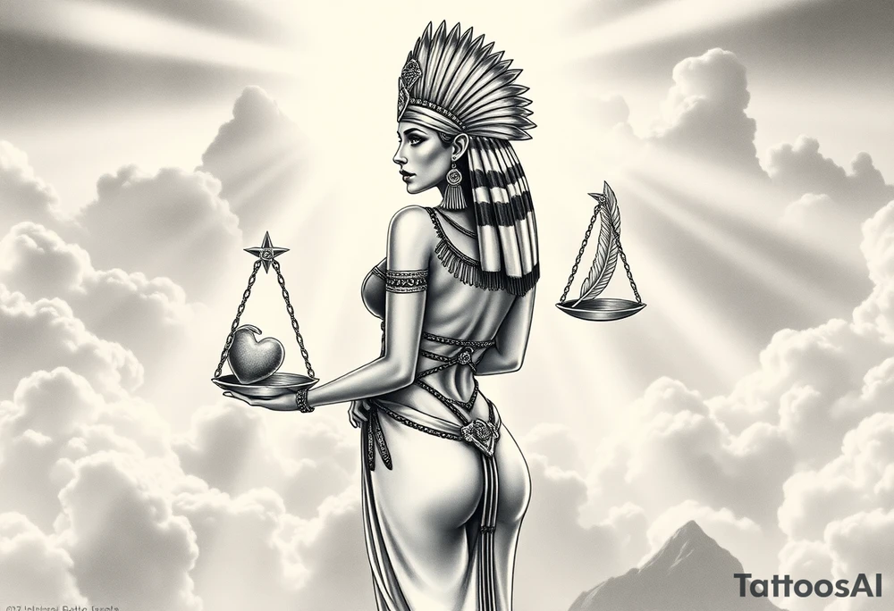 A sensual, curvaceous Egyptian goddess stands with her back slightly turned, accentuating her figure. She wears an elaborate ostrich feather headdress and ornate, intricate ancient Egyptian jewelry draped across her body. Her expression is mysterious and confident. In one hand, she holds the Scales of Justice: one side holds a radiant, glowing heart; the other, Ma’at’s feather. The scales themselves shimmer with an otherworldly light.
The background is a surreal, heavenly landscape filled with luminous clouds and beams of divine light piercing through, creating dramatic contrasts of deep shadows and highlights. The entire scene is bathed in an ethereal, mystical glow, with a dreamlike, almost supernatural atmosphere. tattoo idea