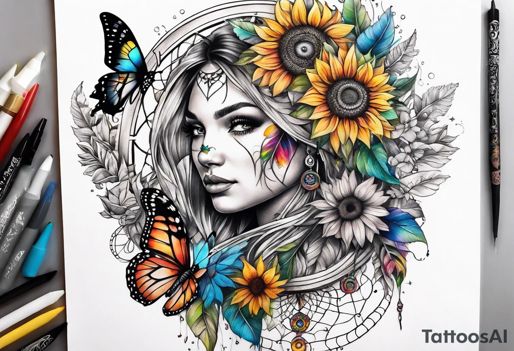Quarter Leg sleeve with dreamcatcher, rainbow sunflowers and one butterfly tattoo idea