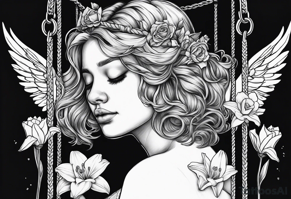 sad angel on swing from behind with head down and face covered by her hair surrounded by lily, daffodil, rose, daisy, narcissus tattoo idea